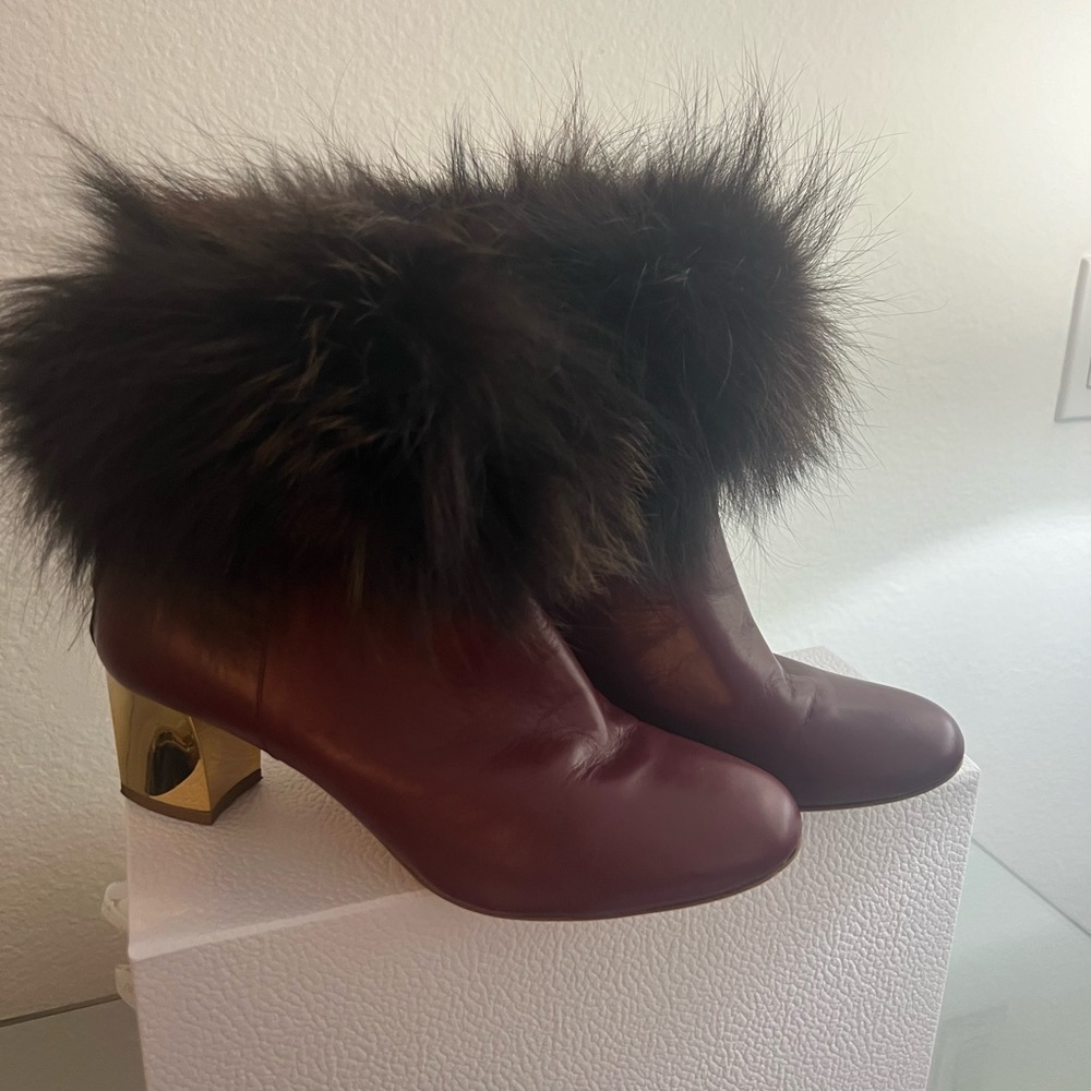 Pollini Calf Leather and Fur Boots, Size 38.5